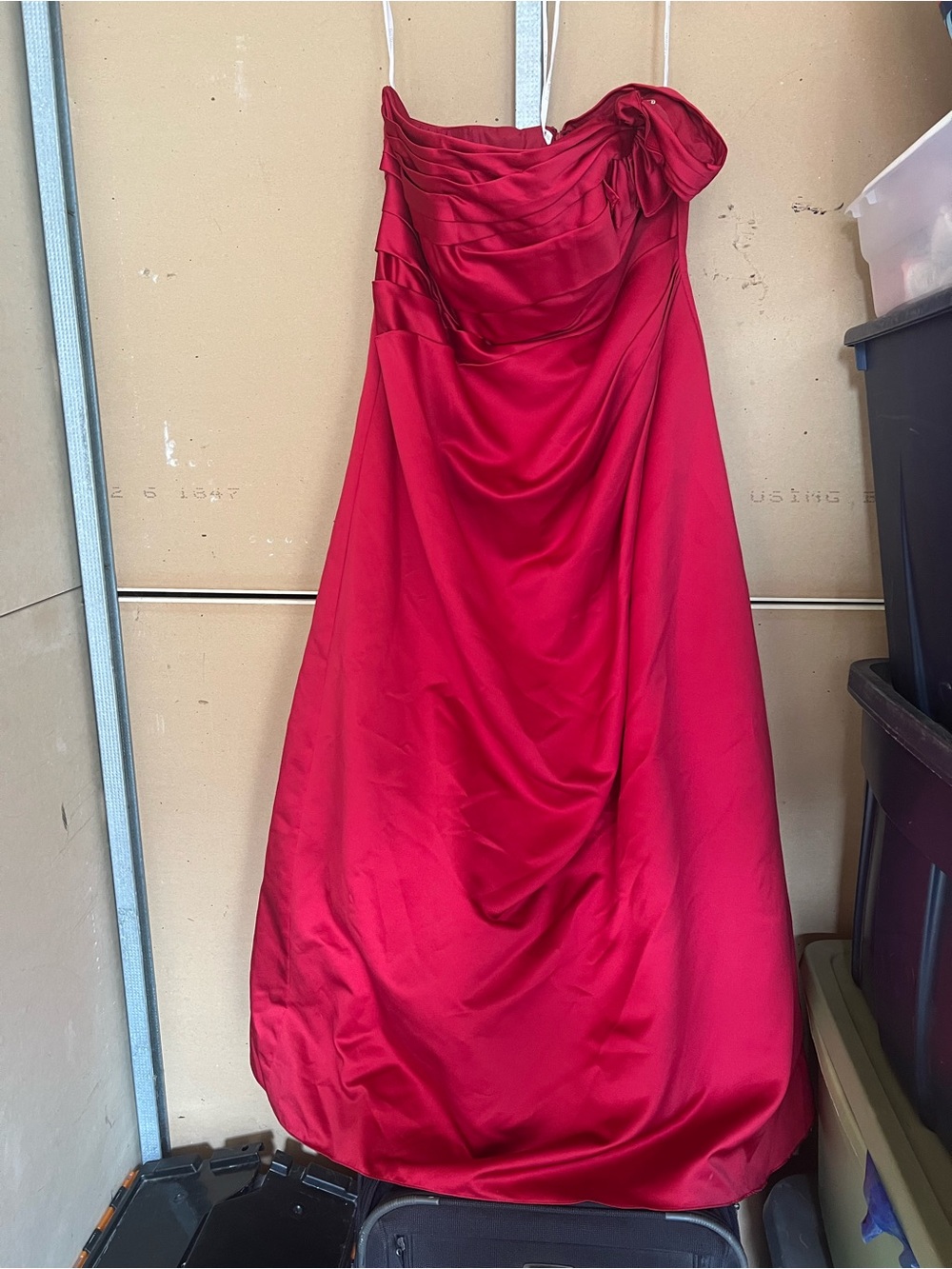 David's Bridal One-Shoulder Red Satin Evening Dress